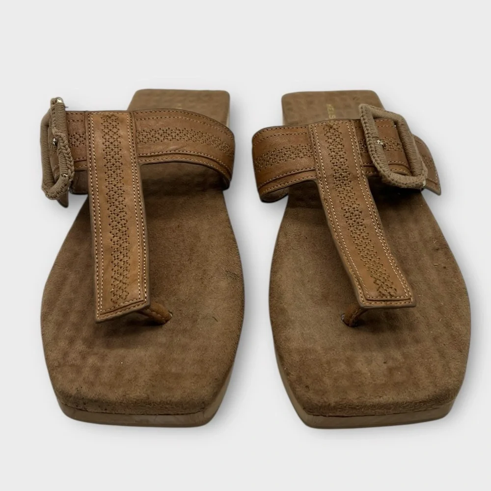 Anthropologie Kelsi Dagger Brooklyn Tan Square Flip Flop Sandals Wooden Size 7.5